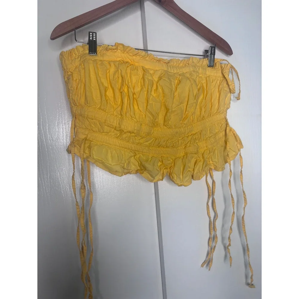 Free People Yellow Smocked Tube Top Ruffle Crop Boho Strapless Large